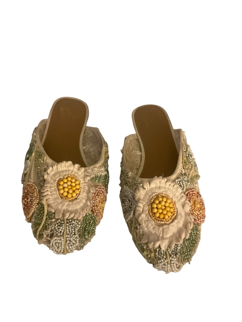 Vince Camuto Cream Beaded Floral Slip-On Mules with Yellow Centers